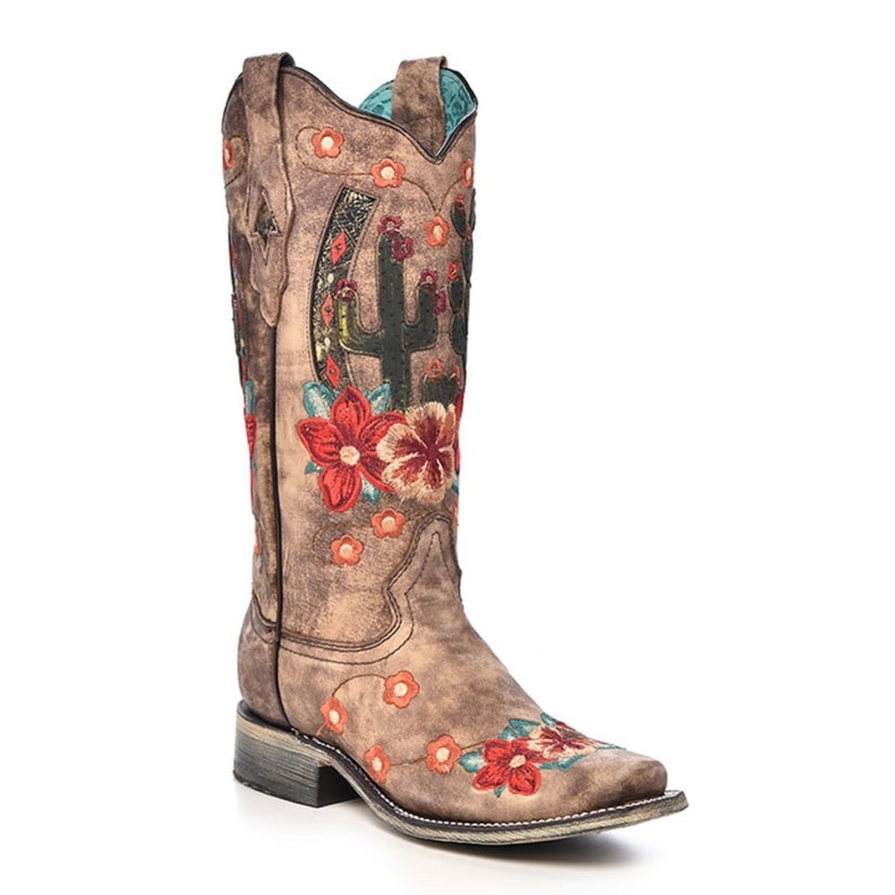 NEW Corral Taupe‎ Cactus Floral Embroidered Square Toe Western Cowgirl Boots 7.5